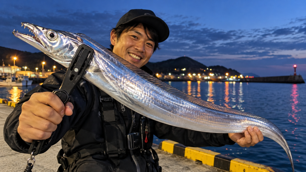 10月の秋の堤防釣りで大型タチウオを釣り上げた男性と夕暮れの港