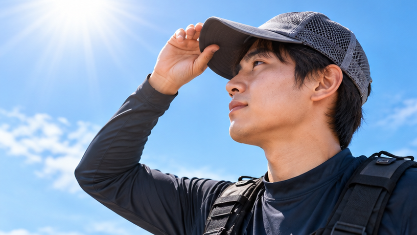 夏の強い日差しの下で通気性のよい釣り用メッシュキャップのつばを調整する男性